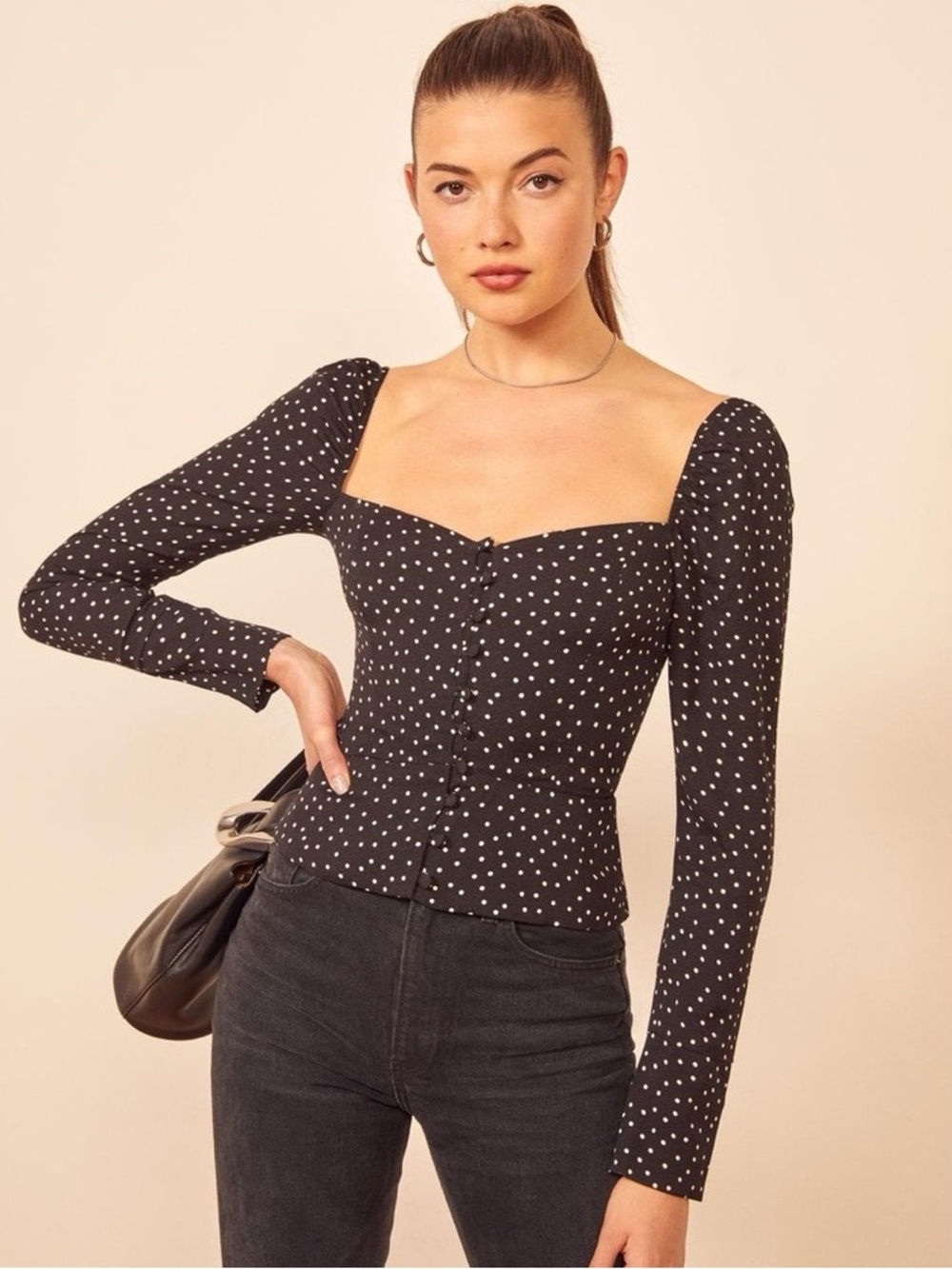 Reformation Black Polka Dot Sweetheart Long-Sleeve Top